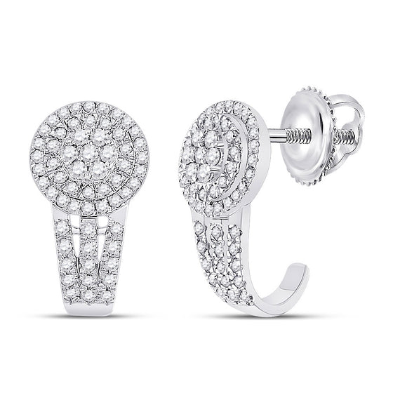 10k White Gold Womens Round Diamond Cluster J Hoop Earrings 1/2 Cttw