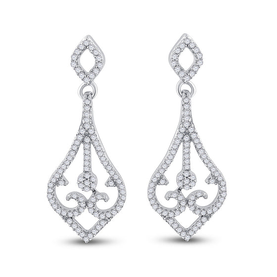 10k White Gold Womens Round Diamond Scroll Teardrop Dangle Earrings 1/3 Cttw