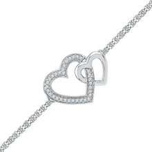  Sterling Silver Womens Round Diamond Double Heart Chain Bracelet 1/10 Cttw
