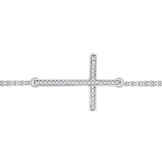 10k White Gold Womens Round Diamond Sideways Cross Bracelet 1/10 Cttw