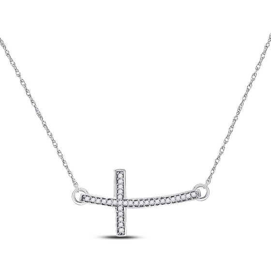 10k White Gold Womens Round Diamond Horizontal Cross Pendant Necklace 1/10 Cttw