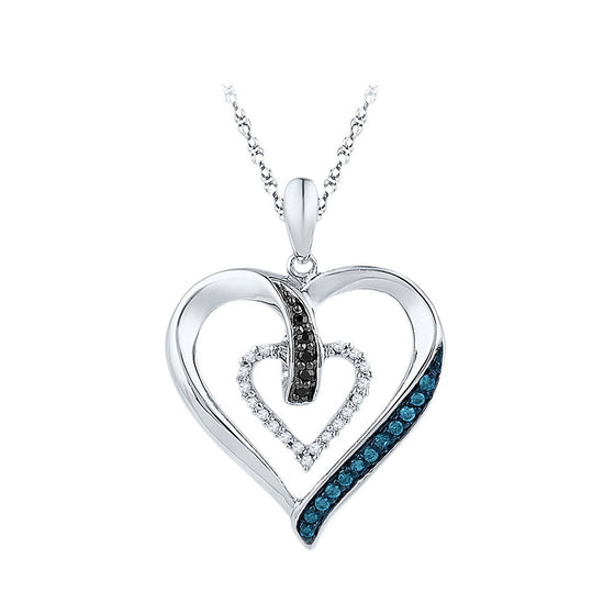 10k White Gold Womens Round Black Blue Color Enhanced Diamond Heart Pendant 1/6 Cttw
