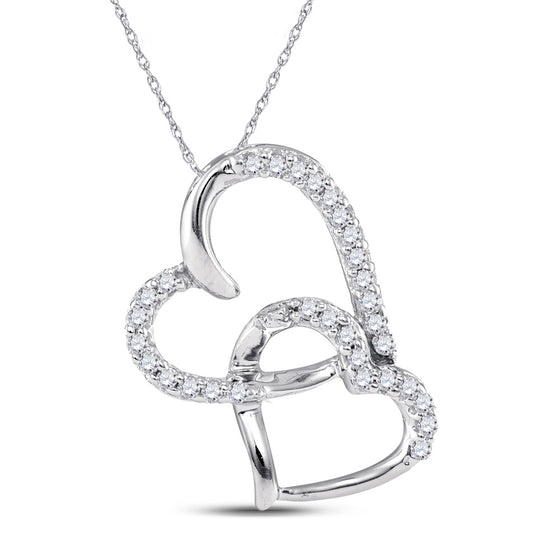 10k White Gold Womens Round Diamond Double Heart Pendant 1/10 Cttw