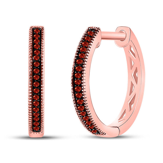 10k Rose Gold Womens Round Red Color Enhanced Diamond Oblong Hoop Earrings 1/10 Cttw
