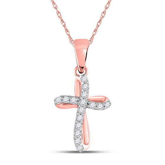 10k Rose Gold Womens Round Diamond Cross Pendant 1/10 Cttw