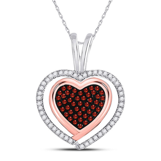 10k White Gold Womens Round Red Color Enhanced Diamond Heart Pendant 1/12 Cttw