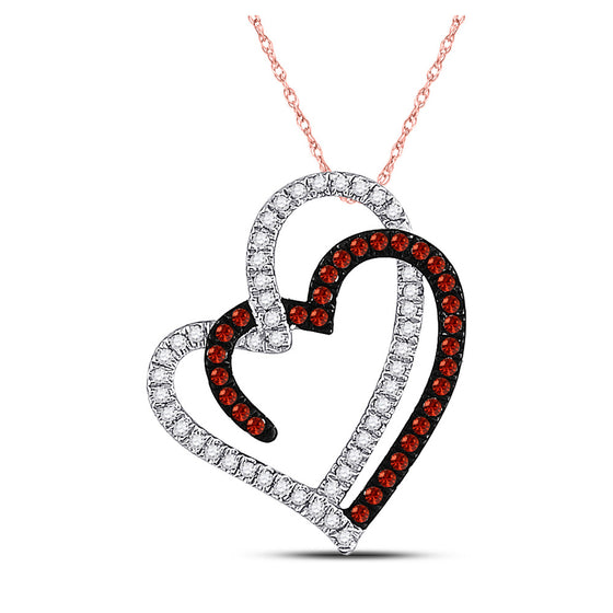 10k Rose Gold Womens Round Red Color Enhanced Diamond Double Heart Pendant 1/5 Cttw