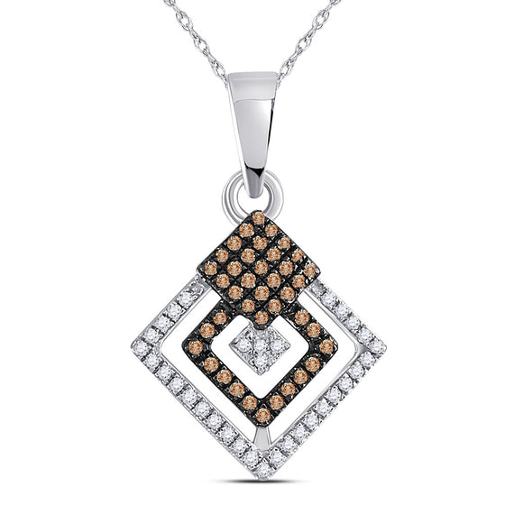 10k White Gold Womens Round Brown Diamond Square Pendant 1/4 Cttw