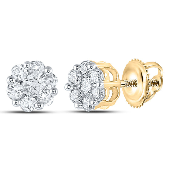 14k Yellow Gold Womens Round Diamond Flower Cluster Earrings 1/2 Cttw