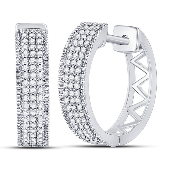 10k White Gold Womens Round Diamond Triple Row Pave Hoop Earrings 1/3 Cttw