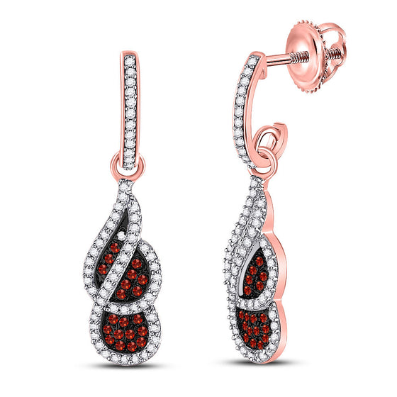 10k Rose Gold Womens Round Red Color Enhanced Diamond Cluster Dangle Earrings 3/8 Cttw