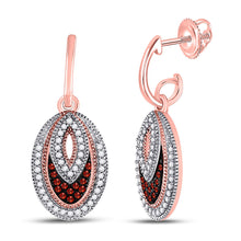  10k Rose Gold Womens Round Red Color Enhanced Diamond Oval Dangle Earrings 1/3 Cttw