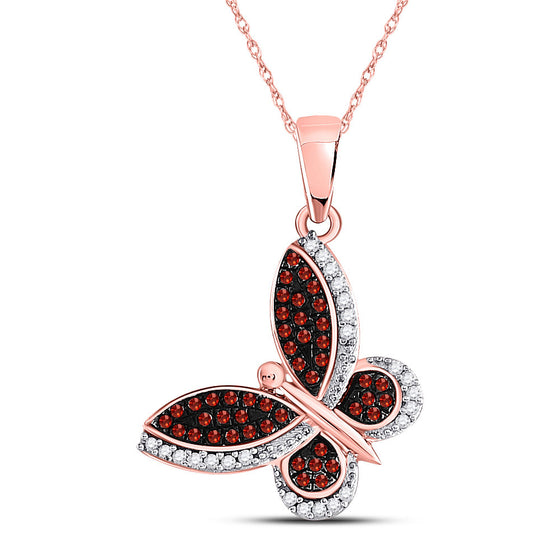 10k Rose Gold Womens Round Red Color Enhanced Diamond Butterfly Bug Pendant 1/5 Cttw