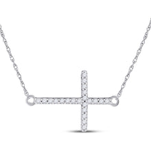  10k White Gold Womens Round Diamond Horizontal Cross Necklace 1/20 Cttw
