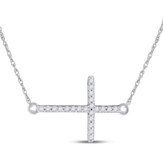 10k White Gold Womens Round Diamond Horizontal Cross Necklace 1/20 Cttw