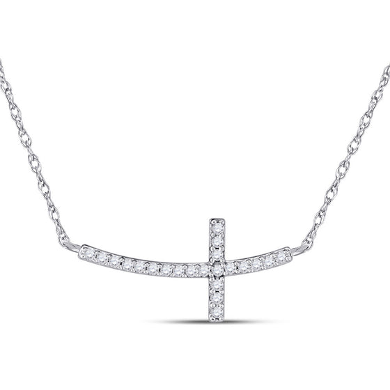 10k White Gold Womens Round Diamond Horizontal Cross Necklace 1/20 Cttw