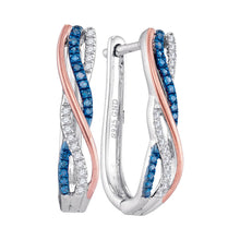  10k Two-tone Gold Womens Round Blue Color Enhanced Diamond Hoop Earrings 1/6 Cttw