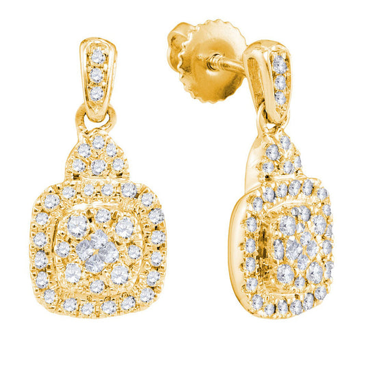 14k Yellow Gold Womens Princess Round Diamond Square Dangle Earrings 1/2 Cttw