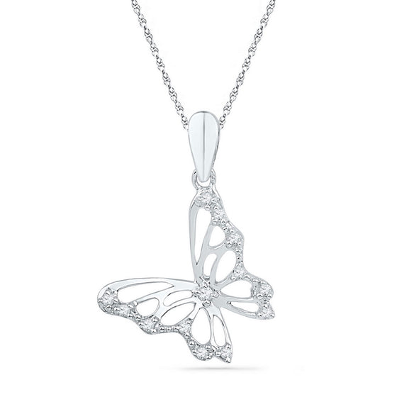 10k White Gold Womens Round Diamond Butterfly Pendant 1/20 Cttw